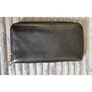 Fossil Zip Around Wallet Clutch Black Smooth Leather